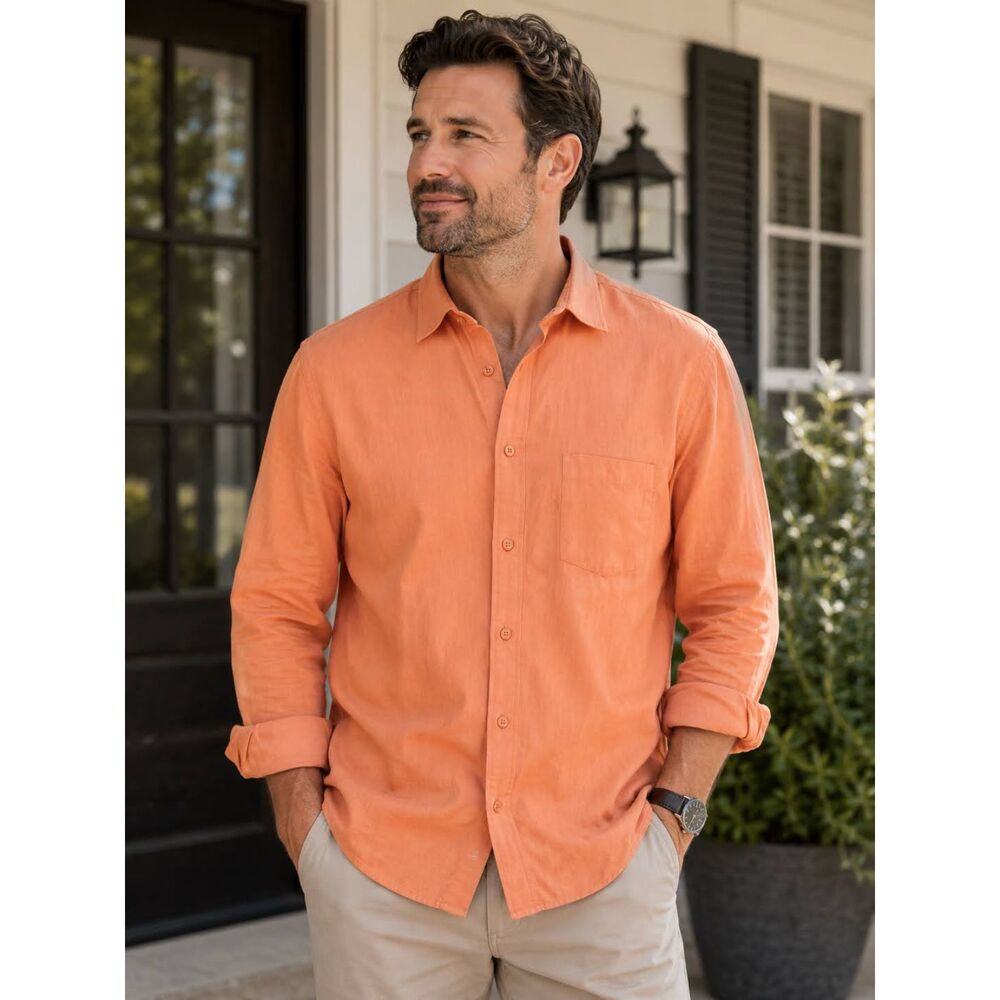 Bugatchi Uomo Coral Peach Linen Cotton Blend Long Sleeve Button Down Shirt Sz M